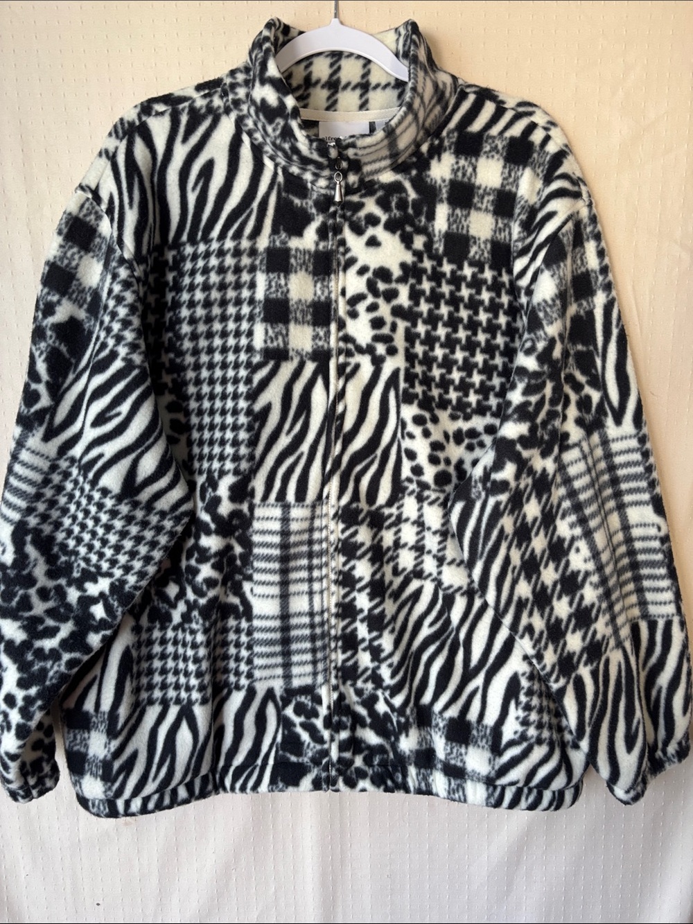 Alfred Dunner Black and White Patchwork Fleece Jacket